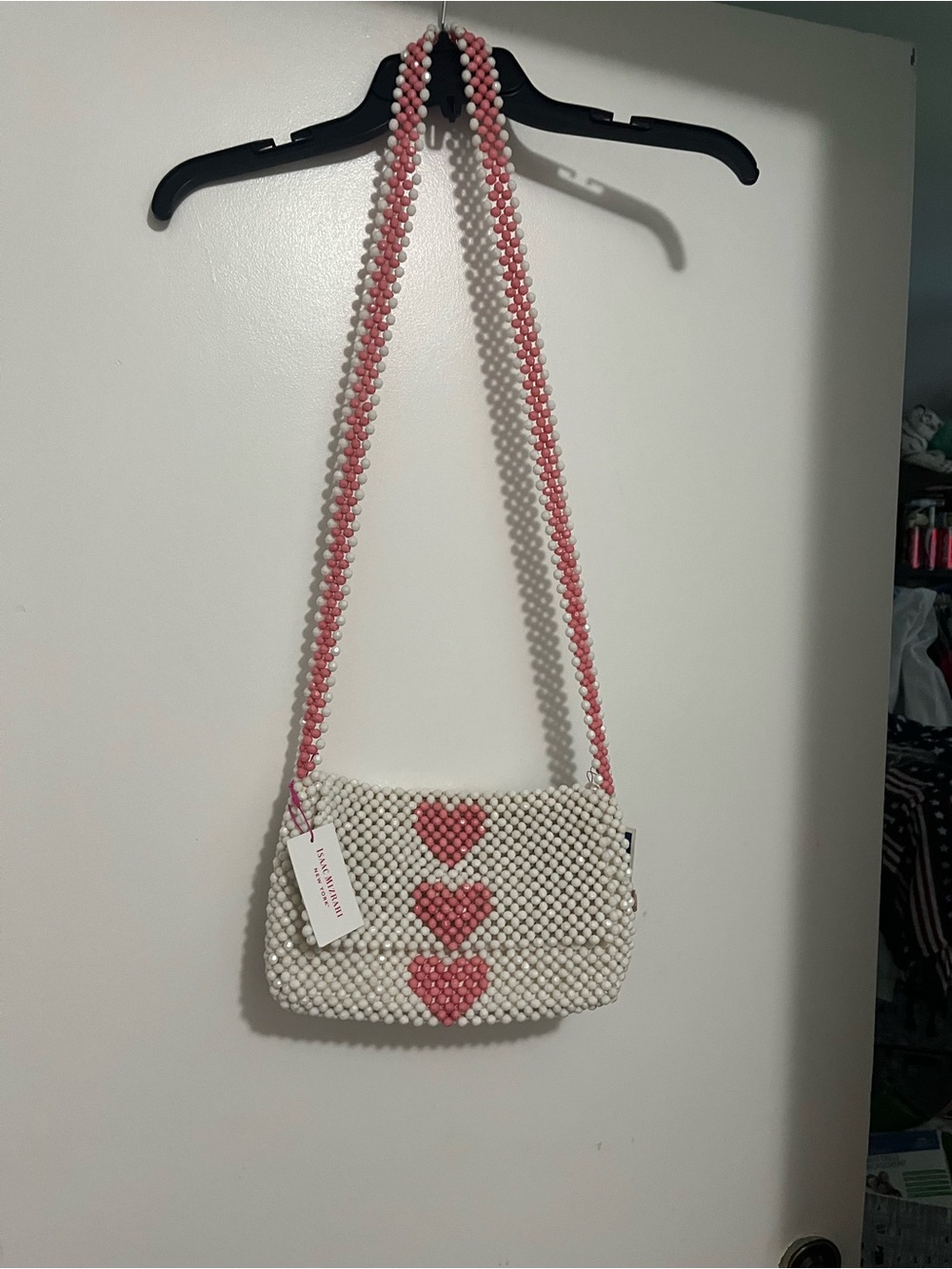 Isaac Mizrahi White Beaded Crossbody with Pink Heart Accents